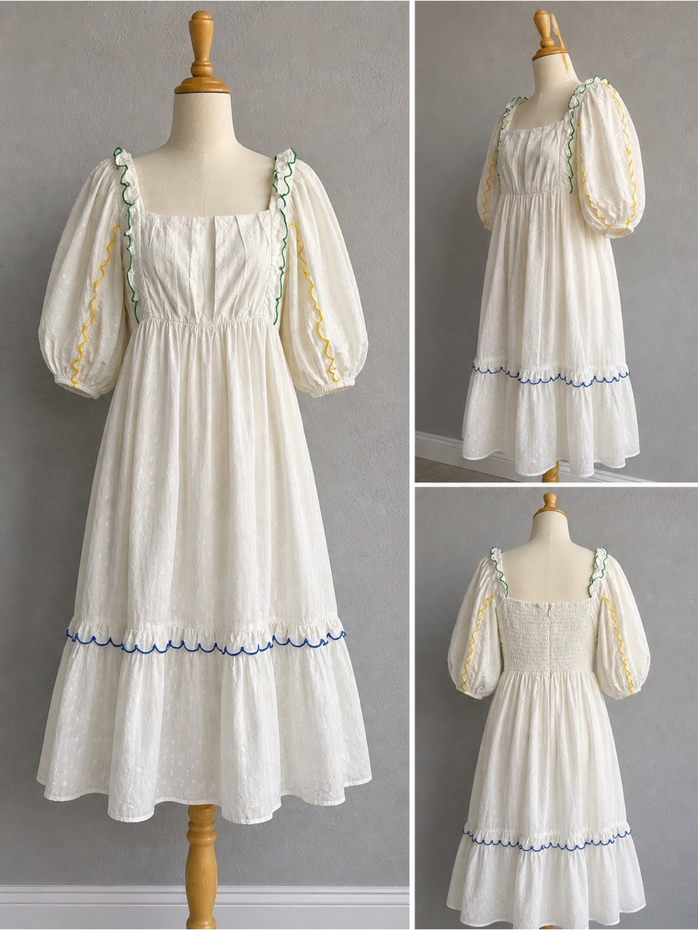 FARM Rio White Midi Dress with Green, Yellow & Blue Scallop Trim
